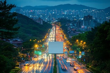 Poster - Cityscape at Night with Highway Traffic and Billboard Urban Scene with Car Lights and Modern Architecture in Taiwan : Generative AI
