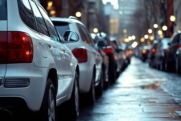 Aufkleber - Row of Cars Parked on Wet City Street at Night Urban Scene Transportation Vehicles Automotive Lifestyle : Generative AI