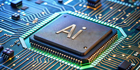 Poster - A detailed close-up of a circuit board highlights a prominent processor marked with AI. The intricate connections and components showcase advanced technology in use