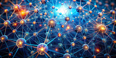 Fototapete - This artwork showcases a vibrant and intricate arrangement of swirling particles and nodes, emanating a mix of blue and orange lights, evoking a sense of connectivity and energy