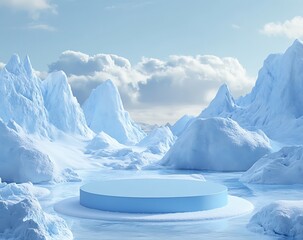 Poster - Surreal Ice Island amidst Snowy Peaks and Mystic Clouds in a Tranquil Setting : Generative AI
