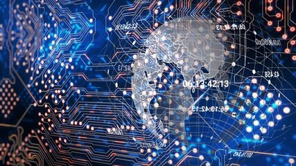 Poster - Animation of digital circuit board overlaying globe, showing global network connectivity