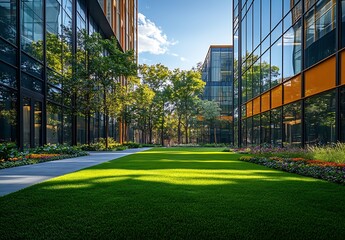 Aufkleber - Modern Office Building Exterior with Green Lawn and Landscaping Business Park Serenity and Green Space Design : Generative AI