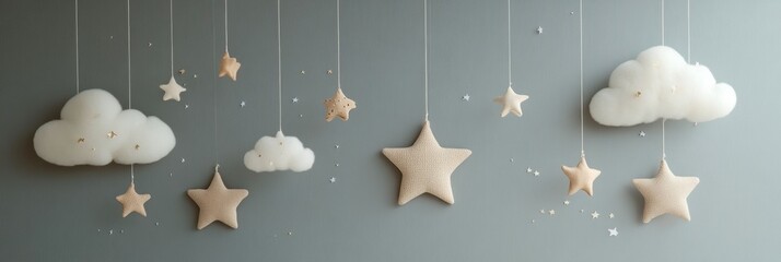 Aufkleber - Delicate stars and clouds suspended from invisible strings create enchanting nursery decor for a serene atmosphere
