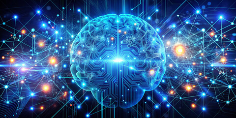 Poster - A visual representation of a brain made of circuits and glowing connections, highlighting the interplay between technology and intelligence in a high-tech environment