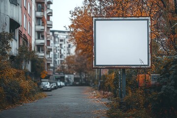Aufkleber - Weathered Billboard Frame Surrounded by Autumn Leaves on Street with Buildings and Cars Cityscape : Generative AI