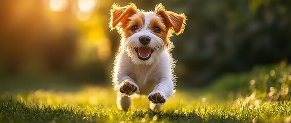 Poster - Happy Jack Russell Terrier Puppy Running in Golden Sunset Light Through Green Grass. Cute Dog Enjoying Life Outdoors : Generative AI