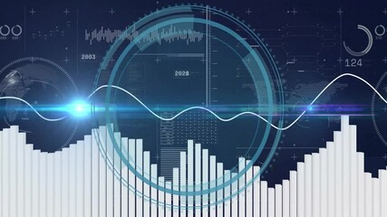 Poster - Animation showing data visualization with bar graphs and waveforms on world map