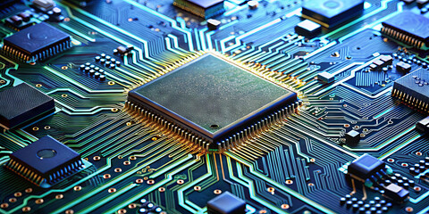 Poster - Focusing on a detailed microchip at the center of a circuit board, surrounded by numerous electronic components. The arrangement highlights the complex interconnections, showing modern technology