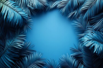 Aufkleber - Stylish Blue Palm Leaves Framing a Light Blue Space Perfect for Summer and Tropical Themed Designs : Generative AI