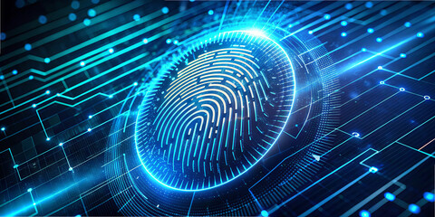 Poster - A close-up of a digital fingerprint integrated into a high-tech circuit board design. This represents security, innovation, and the evolution of data protection technologies in the digital age