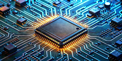 Poster - The close-up image highlights a computer chip surrounded by complex circuit patterns. The glowing elements create a vibrant atmosphere, emphasizing technological advancement