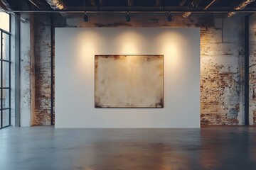 Aufkleber - Modern Art Gallery Space with Empty Canvas Spotlit White Wall in Loft Style Room for Exhibition and Display Mockup : Generative AI