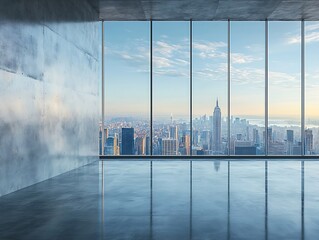 Poster - Modern Office Interior with City View of New York Empty Room with Large Windows Overlooking Manhattan Skyline at Sunset : Generative AI