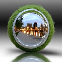 Poster - Cityscape Encapsulated: Urban Reflections in a Novel Perspective, Lights Dancing on the Water Under the Veil of a Unique Sphere.