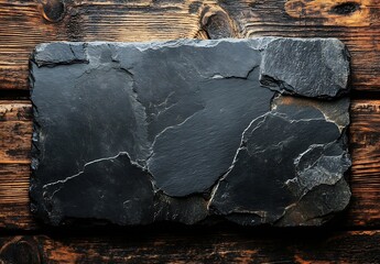 Aufkleber - Rustic Slate Board on Weathered Wooden Table Natural Texture and Dark Contrast for Product Display or Menu Design : Generative AI