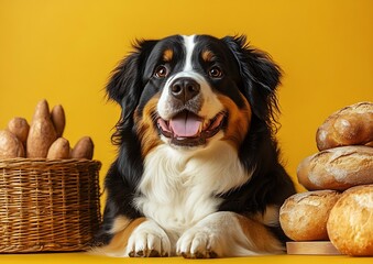 Poster - Bernese Mountain Dog with Bread Adorable Puppy with Food Dog and Bakery Concept Happy Pet Portrait Canine Friend : Generative AI