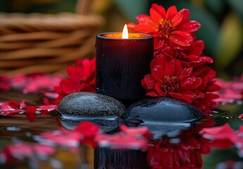 Aufkleber - Ambient Spa Setting Candlelight Red Flowers and Smooth Stones in Water for Relaxation and Romance : Generative AI