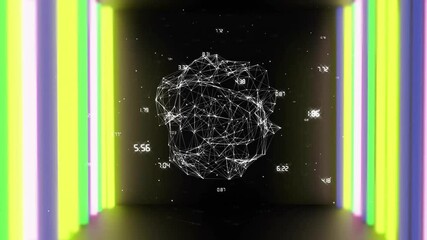 Poster - Animation of floating numbers around geometric wireframe sphere in neon-lit room