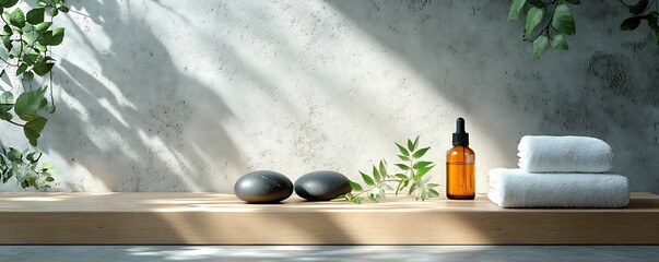 Poster - Serene Spa Scene with Essential Oil Stones and Towels on Wooden Shelf Calm and Relaxing Beauty Product Presentation : Generative AI