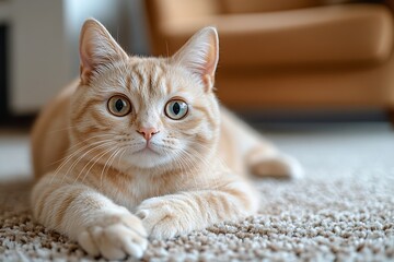 Aufkleber - Ginger Tabby Cat Relaxing on Carpet Warm Light Portrait Cute Domestic Pet : Generative AI