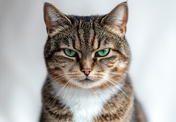 Poster - Charming close up image of a tabby cat highlighting expressive green eyes with a captivating and serious demeanor : Generative AI