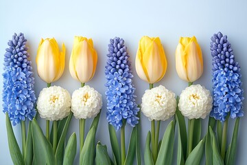 Poster - Cheerful Spring Flowers Display of Tulips Hyacinths and White Flowers Row of Colorful Blossoms Floral Springtime Arrangement : Generative AI