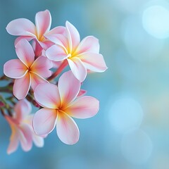 Poster - Elegant cluster of pink and white plumeria flowers captured with a dreamy soft blue backdrop for a peaceful effect : Generative AI