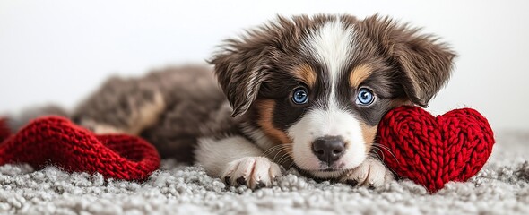 Poster - Adorable Australian Shepherd Puppy with Blue Eyes Snuggling with Red Knit Hearts for Valentines Day : Generative AI