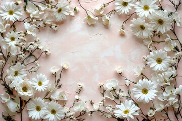 Poster - Floral Frame with White Daisies and Baby's Breath on Light Pink Textured Background Romantic Spring or Summer Flower Arrangement : Generative AI