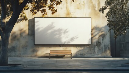 Aufkleber - Blank White Billboard on Concrete Wall with Bench Advertisement Space and Urban Street Scene Mockup and Outdoor Marketing : Generative AI