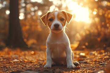 Poster - Cute Puppy Sitting in Autumn Leaves with Golden Sunlight Adorable Jack Russell Terrier in Fall Scenery Pet Photography : Generative AI