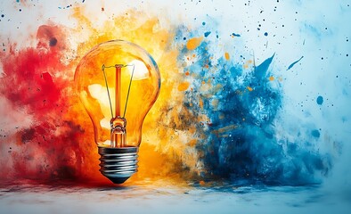 Poster - Lightbulb with Vivid Watercolor Splashes Creative Energy Ideas and Innovation Concept Art Digital Design : Generative AI