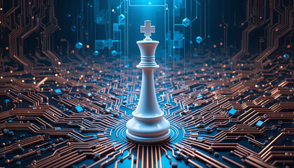 Poster - A white chess king is centered amidst intricate circuit patterns, highlighting the intersection of traditional games and modern technology. The setting signifies an innovative approach to strategy