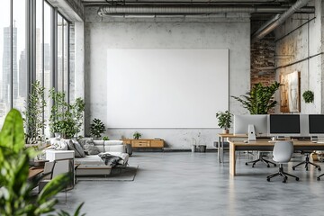 Fototapete - Modern Office Interior with Blank Canvas Stylish Workspace Design Minimalist Decor and Open Space for Creativity and Productivity : Generative AI