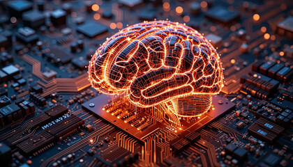 Poster - A digital representation showcases a brain formed with glowing circuitry elements intricately placed on a computer motherboard. The scene evokes themes of technology and intelligence