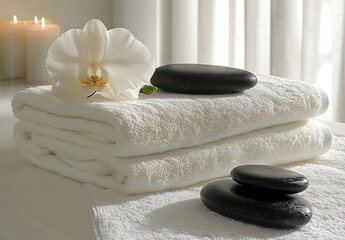 Poster - Serene Spa Still Life with White Orchid Smooth Black Stones and Plush Towels for Wellness and Relaxation : Generative AI