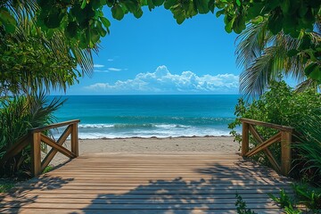 Aufkleber - Tropical Beach View with Turquoise Ocean Waves Palm Trees and Wooden Boardwalk on a Sunny Summer Day : Generative AI