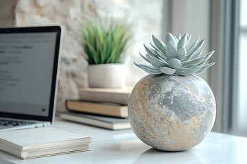 Poster - Modern Workspace Succulent Plant Desk Setup Laptop and Books Home Office Decor Stylish Workplace Cozy Interior Design : Generative AI