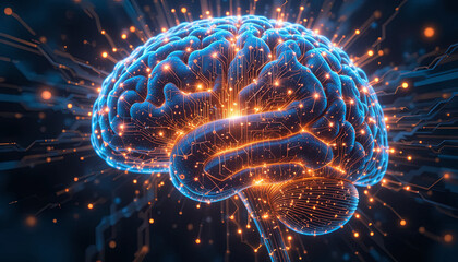 Poster - A detailed digital representation of a brain highlights neural pathways illuminated by bright orange lights. This artistic interpretation showcases the complexity of neural connections and technology