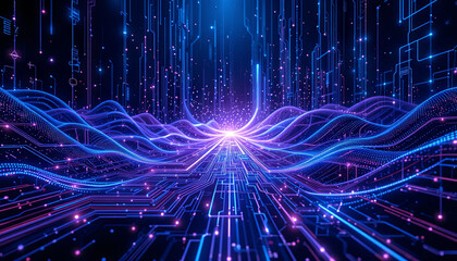 Fototapete - A mesmerizing digital scene showcases intricate patterns of flowing lines and illuminated nodes against a dark background, creating a futuristic atmosphere at night