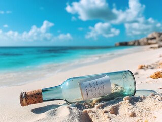 Poster - Beautiful glass bottle with a message washed up on a pristine beach under a clear blue sky : Generative AI