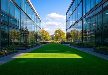 Poster - Modern Office Buildings with Green Lawn and Blue Sky Reflecting in Glass Facade Business Park Landscape : Generative AI