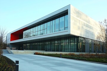 Poster - Modern Architecture Building Exterior Sleek Design Glass Windows Contemporary Structure Business Office Urban Landscape Daylight : Generative AI