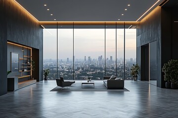 Aufkleber - Modern Minimalist Apartment with City View Elegant Interior Design Contemporary Living Room with Large Windows : Generative AI