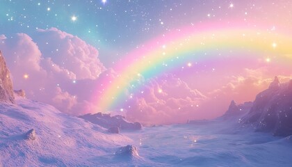 Aufkleber - Enchanting rainbow spanning across a snowy landscape under a sparkling pastel sky : Generative AI