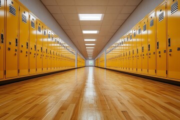 Leinwandbilder - School Hallway with Lockers Long Perspective View Empty School Corridor Back to School Education Setting : Generative AI