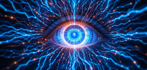Poster - An abstract representation of an eye surrounded by vibrant electric blue energy. The intricate design captures attention with its radiant patterns and dynamic movement