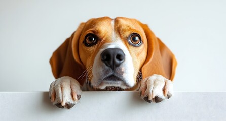 Poster - Adorable Beagle Dog Portrait with Puppy Eyes Looking Over White Surface Close Up Detailed and Cute Animal Friend : Generative AI