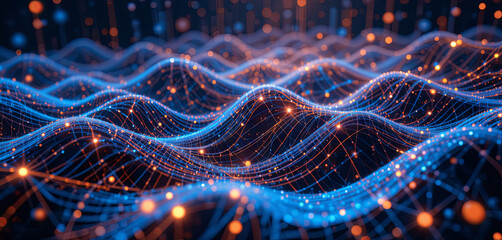 Poster - A vibrant digital display showcases flowing waves composed of luminous lines and particles, creating an alluring abstract effect in deep blue and orange hues